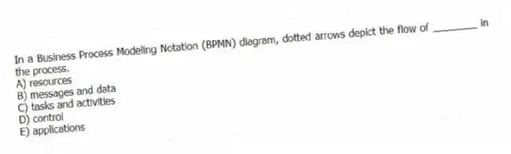 In a Business Process Modeling Notation (BPMN) diagram, dotted arrows depict the flow of ________ in the process.
A) resources
B) messages and data
C) tasks and activities
D) control
E) applications
