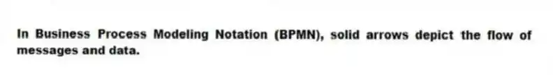 In Business Process Modeling Notation (BPMN), solid arrows depict the flow of messages and data.