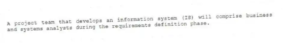 A project team that develops an information system (IS) will comprise business and systems analysts during the requirements definition phase.