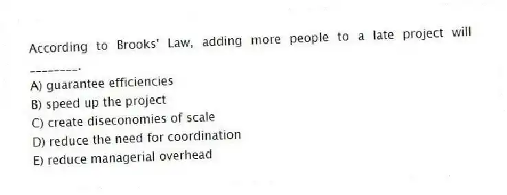 According to Brooks' Law, adding more people to a late project will ________.
A) guarantee efficiencies
B) speed up the project
C) create diseconomies of scale
D) reduce the need for coordination
E) reduce managerial overhead