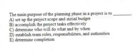 The main purpose of the planning phase in a project is to ________.
A) set up the project scope and initial budget
B) accomplish the project tasks effectively
C) determine who will do what and by when
D) establish team roles, responsibilities, and authorities
E) determine completion