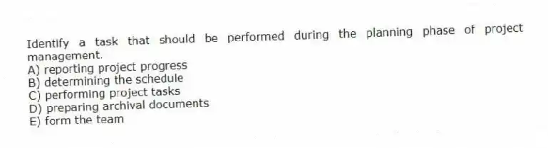 Identify a task that should be performed during the planning phase of project management.
A) reporting project progress
B) determining the schedule
C) performing project tasks
D) preparing archival documents
E) form the team