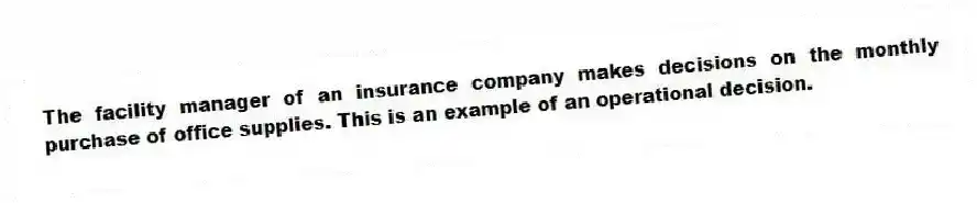 The facility manager of an insurance company makes decisions on the monthly purchase of office supplies. This is an example of an operational decision.