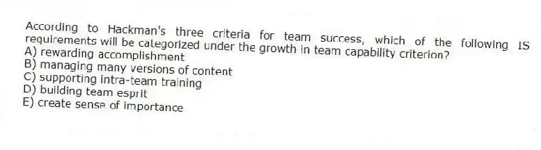 According to Hackman's three criteria for team success, which of the following IS requirements will be categorized under the growth in team capability criterion?
A) rewarding accomplishment
B) managing many versions of content
C) supporting intra-team training
D) building team esprit
E) create sense of importance