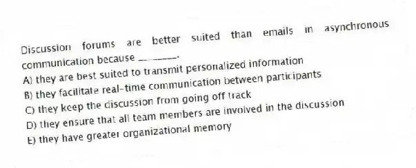 Discussion forums are better suited than emails in asynchronous communication because ________.
A) they are best suited to transmit personalized information
B) they facilitate real-time communication between participants
C) they keep the discussion from going off track
D) they ensure that all team members are involved in the discussion
E) they have greater organizational memory
