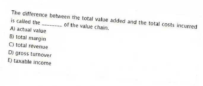 The difference between the total value added and the total costs incurred is called the ________ of the value chain.
A) actual value
B) total margin
C) total revenue
D) gross turnover
E) taxable income