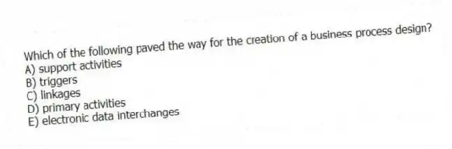 Which of the following paved the way for the creation of a business process design?
A) support activities
B) triggers
C) linkages
D) primary activities
E) electronic data interchanges