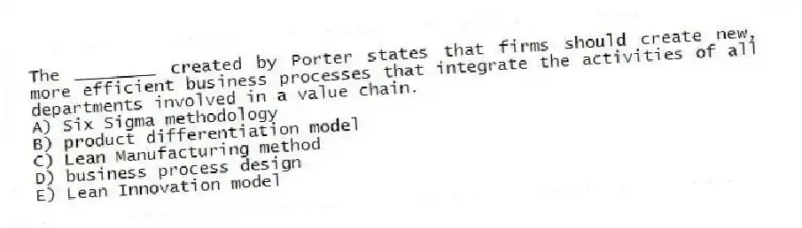The ________ created by Porter states that firms should create new, more efficient business processes that integrate the activities of all departments involved in a value chain.
A) Six Sigma methodology
B) product differentiation model
C) Lean Manufacturing method
D) business process design
E) Lean Innovation model