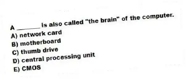 A ________ is also called "the brain" of the computer.
A) network card
B) motherboard
C) thumb drive
D) central processing unit
E) CMOS