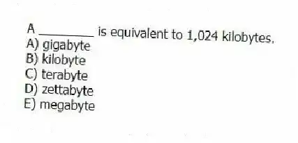A ________ is equivalent to 1,024 kilobytes.
A) gigabyte
B) kilobyte
C) terabyte
D) zettabyte
E) megabyte