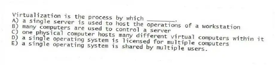 Virtualization is the process by which ________.
A) a single server is used to host the operations of a workstation
B) many computers are used to control a server
C) one physical computer hosts many different virtual computers within it
D) a single operating system is licensed for multiple computers
E) a single operating system is shared by multiple users.
