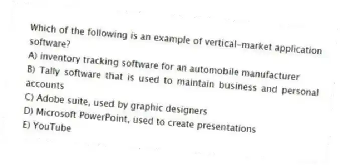 Which of the following is an example of vertical-market application software?
A) inventory tracking software for an automobile manufacturer
B) Tally software that is used to maintain business and personal accounts
C) Adobe suite, used by graphic designers
D) Microsoft PowerPoint, used to create presentations
E) YouTube