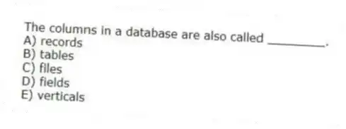 The columns in a database are also called ________.
A) records
B) tables
C) files
D) fields
E) verticals