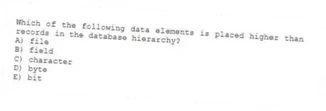Which of the following data elements is placed higher than records in the database hierarchy?
A) file
B) field
C) character
D) byte
E) bit