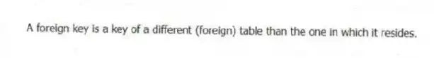 A foreign key is a key of a different (foreign) table than the one in which it resides.