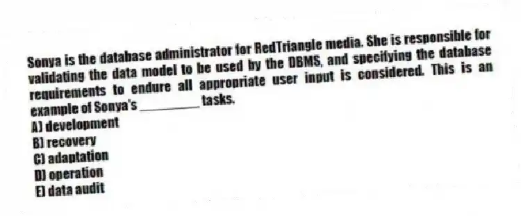 Sonya is the database administrator for RedTriangle media. She is responsible for validating the data model to be used by the DBMS, and specifying the database requirements to endure all appropriate user input is considered. This is an example of Sonya's ________ tasks.
A) development
B) recovery
C) adaptation
D) operation
E) data audit