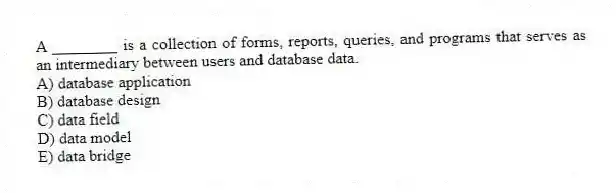 A ________ is a collection of forms, reports, queries, and programs that serves as an intermediary between users and database data.
A) database application
B) database design
C) data field
D) data model
E) data bridge