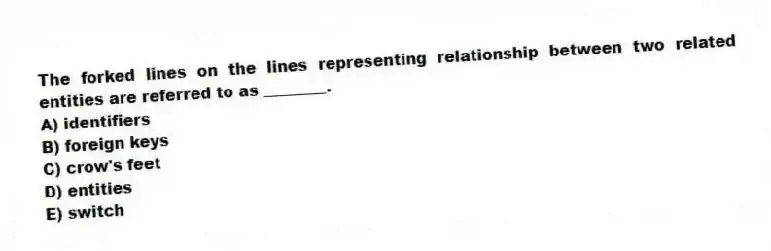 The forked lines on the lines representing relationship between two related entities are referred to as ________.
A) identifiers
B) foreign keys
C) crow's feet
D) entities
E) switch