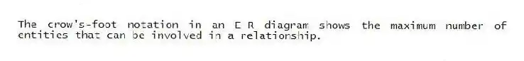 The crow's-foot notation in an E-R diagram shows the maximum number of entities that can be involved in a relationship.
