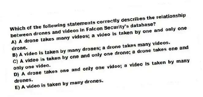 Which of the following statements correctly describes the relationship between drones and videos in Falcon Security's database?
A) A drone takes many videos; a video is taken by one and only one drone.
B) A video is taken by many drones; a drone takes many videos.
C) A video is taken by one and only one drone; a drone takes one and only one video.
D) A drone takes one and only one video; a video is taken by many drones.
E) A video is taken by many drones.