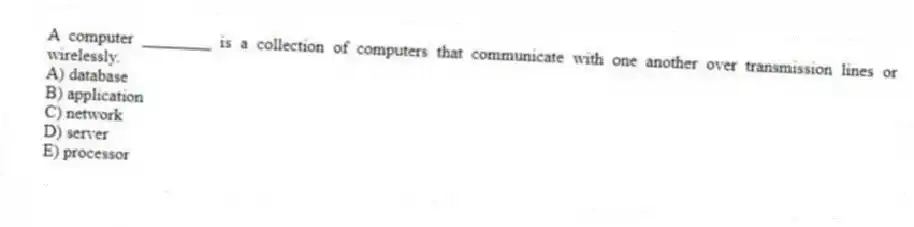 A computer ________ is a collection of computers that communicate with one another over transmission lines or wirelessly.
A) database
B) application
C) network
D) server
E) processor