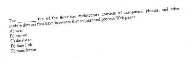 The ________ tier of the three-tier architecture consists of computers, phones, and other mobile devices that have browsers that request and process Web pages.
A) user
B) server
C) database
D) data link
E) mainframe