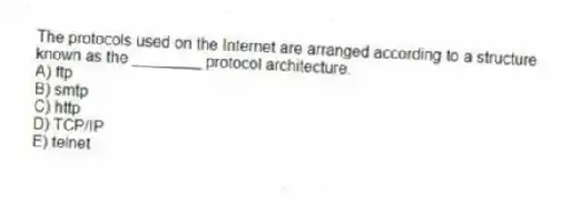 The protocols used on the Internet are arranged according to a structure known as the ________ protocol architecture.
A) ftp
B) smtp
C) http
D) TCP/IP
E) telnet