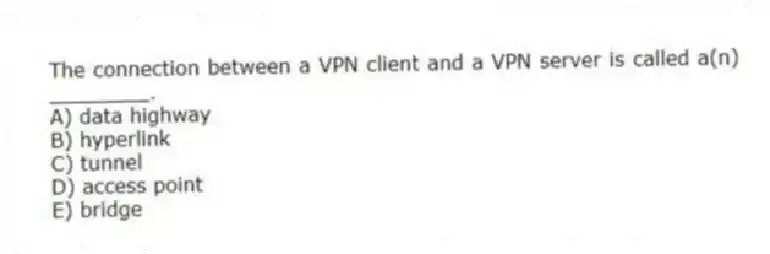 The connection between a VPN client and a VPN server is called a(n) ________.
A) data highway
B) hyperlink
C) tunnel
D) access point
E) bridge