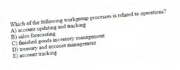 Which of the following workgroup processes is related to operations?
A) account updating and tracking
B) sales forecasting
C) finished goods inventory management
D) treasury and account management
E) account tracking