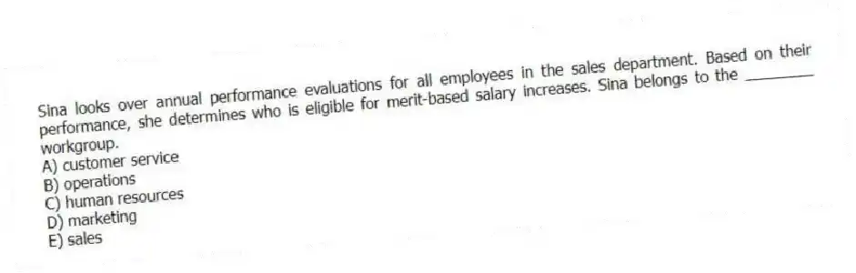 Sina looks over annual performance evaluations for all employees in the sales department. Based on their performance, she determines who is eligible for merit-based salary increases. Sina belongs to the ________ workgroup.
A) customer service
B) operations
C) human resources
D) marketing
E) sales
