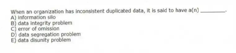 When an organization has inconsistent duplicated data, it is said to have a(n) ________.
A) information silo
B) data integrity problem
C) error of omission
D) data segregation problem
E) data disunity problem