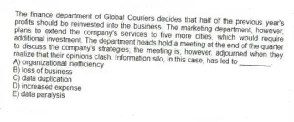 The finance department of Global Couriers decides that half of the previous year's profits should be reinvested into the business. The marketing department, however, plans to extend the company's services to five more cities, which would require additional investment. The department heads hold a meeting at the end of the quarter to discuss the company's strategies; the meeting is, however, adjourned when they realize that their opinions clash. Information silo, in this case, has led to ________.
A) organizational inefficiency
B) loss of business
C) data duplication
D) increased expense
E) data paralysis
