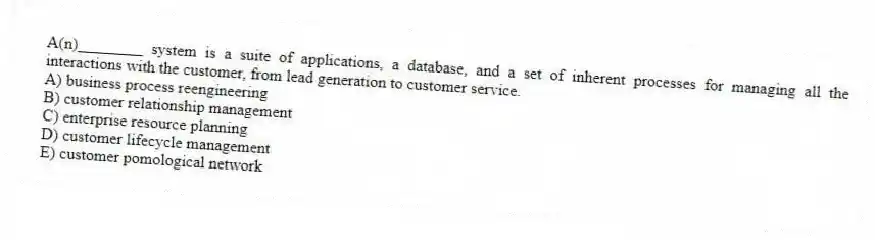 A(n)________ system is a suite of applications, a database, and a set of inherent processes for managing all the interactions with the customer, from lead generation to customer service.
A) business process reengineering
B) customer relationship management
C) enterprise resource planning
D) customer lifecycle management
E) customer pomological network