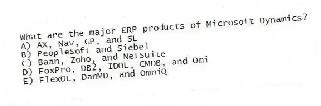 What are the major ERP products of Microsoft Dynamics?
A) AX, Nav, GP, and SL
B) PeopleSoft and Siebel
C) Baan, Zoho, and NetSuite
D) FoxPro, DB2, IDOL, CMDB, and Omi
E) FlexOL, DanMD, and OmniQ