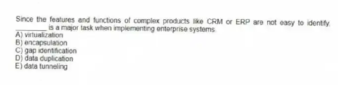 Since the features and functions of complex products like CRM or ERP are not easy to identify, ________ is a major task when implementing enterprise systems.
A) virtualization
B) encapsulation
C) gap identification
D) data duplication
E) data tunneling