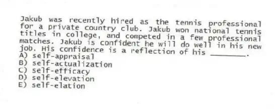 Jakub was recently hired as the tennis professional for a private country club. Jakub won national tennis titles in college, and competed in a few professional matches. Jakub is confident he will do well in his new job. His confidence is a reflection of his ________.
A) self-appraisal
B) self-actualization
C) self-efficacy
D) self-elevation
E) self-elation