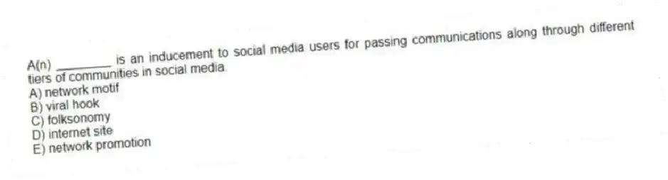 A(n) ________ is an inducement to social media users for passing communications along through different tiers of communities in social media.
A) network motif
B) viral hook
C) folksonomy
D) internet site
E) network promotion