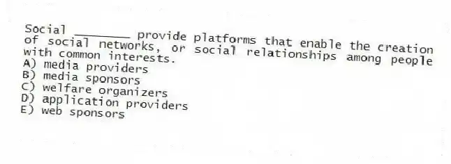 Social ________ provide platforms that enable the creation of social networks, or social relationships among people with common interests.
A) media providers
B) media sponsors
C) welfare organizers
D) application providers
E) web sponsors