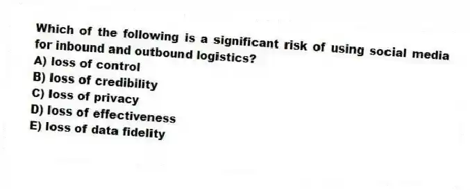 Which of the following is a significant risk of using social media for inbound and outbound logistics?
A) loss of control
B) loss of credibility
C) loss of privacy
D) loss of effectiveness
E) loss of data fidelity