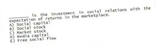 ________ is the investment in social relations with the expectation of returns in the marketplace.
A) Social capital
B) Social stock
C) Market stock
D) Media capital
E) Free social flow