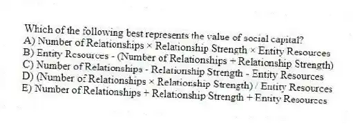 Which of the following best represents the value of social capital?
A) Number of Relationships × Relationship Strength × Entity Resources
B) Entity Resources - (Number of Relationships + Relationship Strength)
C) Number of Relationships - Relationship Strength - Entity Resources
D) (Number of Relationships × Relationship Strength) / Entity Resources
E) Number of Relationships + Relationship Strength + Entity Resources