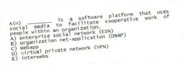 A(n) ________ is a software platform that uses social media to facilitate cooperative work of people within an organization.
A) enterprise social network (ESN)
B) organization net-application (ONAP)
C) Webapp
D) virtual private network (VPN)
E) interwebs