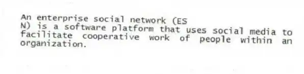 An enterprise social network (ES
N) is a software platform that uses social media to facilitate cooperative work of people within an organization.