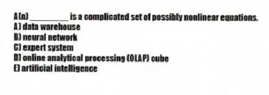 A(n) ________ is a complicated set of possibly nonlinear equations.
A) data warehouse
B) neural network
C) expert system
D) online analytical processing (OLAP) cube
E) artificial intelligence
