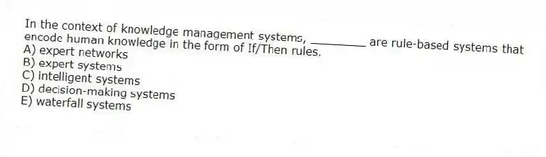 In the context of knowledge management systems, ________ are rule-based systems that encode human knowledge in the form of If/Then rules.
A) expert networks
B) expert systems
C) intelligent systems
D) decision-making systems
E) waterfall systems