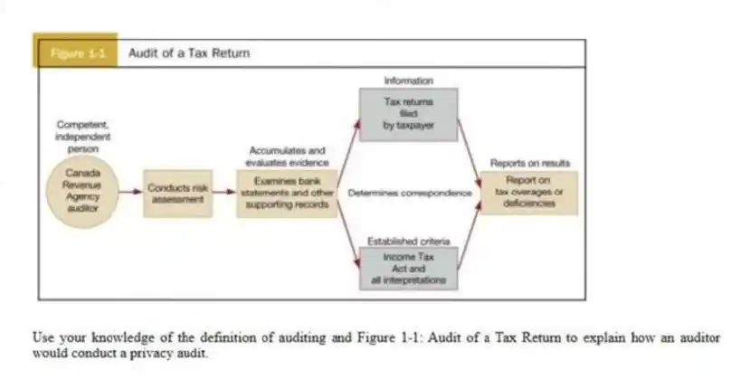 Use your knowledge of the definition of auditing and Figure 1-1: Audit of a Tax Return to explain how an auditor would conduct a privacy audit.