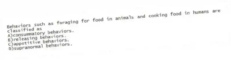Behaviors such as foraging for food in animals and cooking food in humans are classified as
A)consummatory behaviors.
B)releasing behaviors.
C)appetitive behaviors.
D)supranormal behaviors.