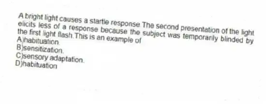 A bright light causes a startle response.The second presentation of the light elicits less of a response because the subject was temporarily blinded by the first light flash.This is an example of
A)habituation.
B)sensitization.
C)sensory adaptation.
D)habituation