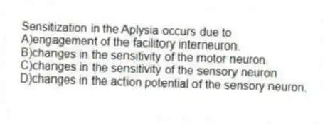 Sensitization in the Aplysia occurs due to
A)engagement of the facilitory interneuron.
B)changes in the sensitivity of the motor neuron.
C)changes in the sensitivity of the sensory neuron
D)changes in the action potential of the sensory neuron.