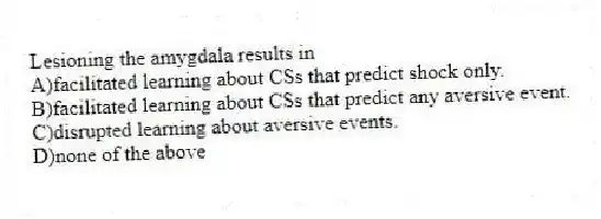 Lesioning the amygdala results in
A)facilitated learning about CSs that predict shock only.
B)facilitated learning about CSs that predict any aversive event.
C)disrupted learning about aversive events.
D)none of the above